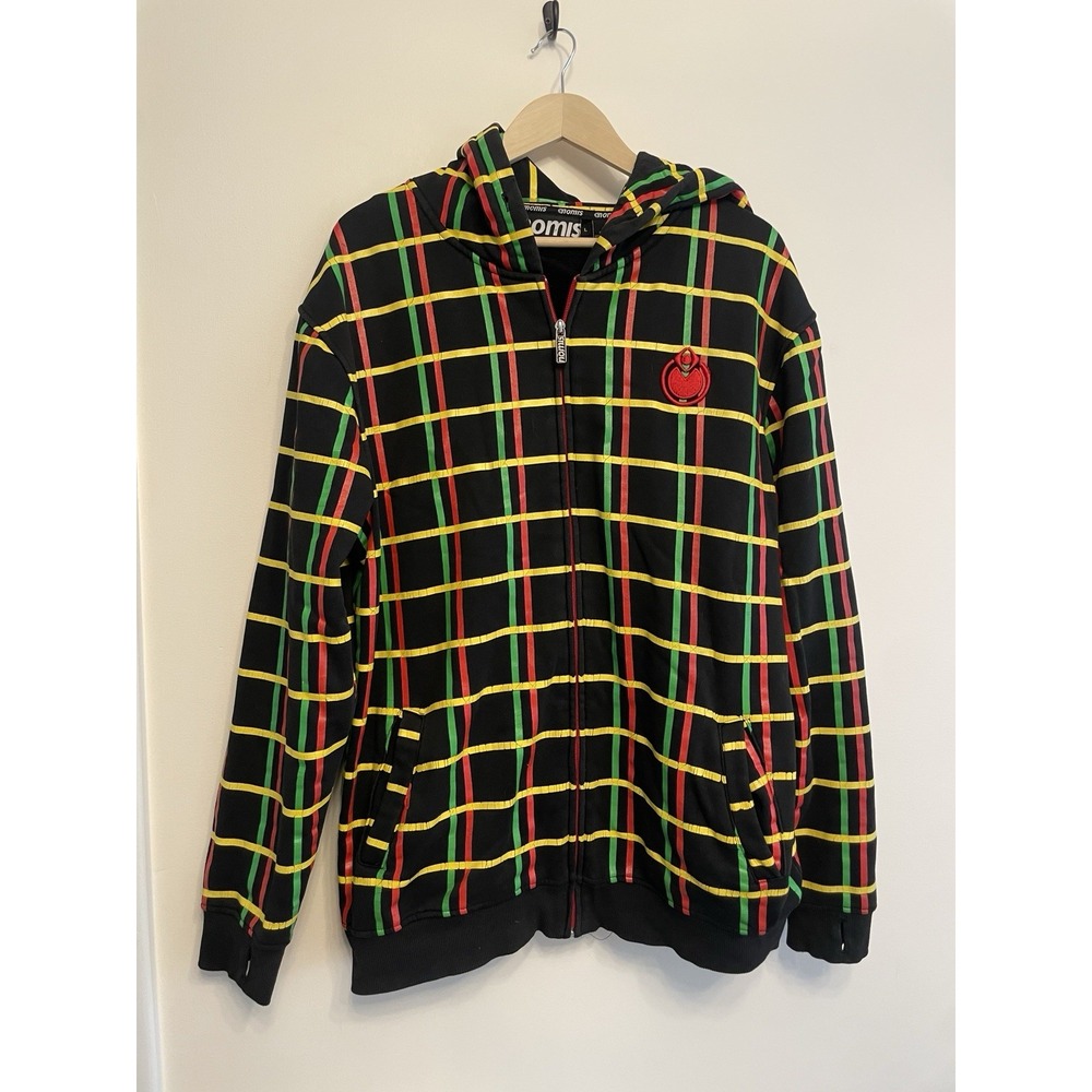 Nomis Hoodie Sweatshirt Men Large Black Plaid Red Yellow Green Zip-up Pockets